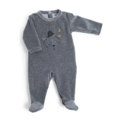 Pyjama Bébé 12 Mois Velours Gris Chiné Tête Chat Les Moustaches - Moulin Roty -Moulin Roty moulin roty pyjama bebe 12m velours gris chine tete chat les moustaches 3