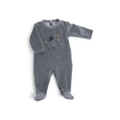 Pyjama Bébé 3 Mois Velours Gris Chiné Tête Chat Les Moustaches - Moulin Roty -Moulin Roty moulin roty pyjama bebe 3m velours gris chine tete chat les moustaches 2